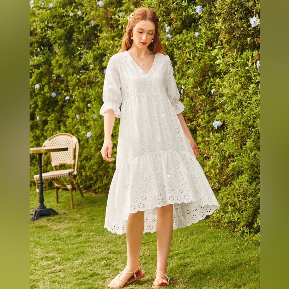 ModCloth NWT Taking The Day Hi Lo Midi Dress - White Eyelet‎